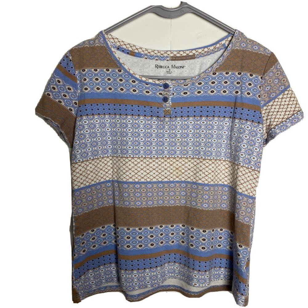 Rebecca Malone Women Henley Shirt Small Geometric Stripe Tan Blue Short Sleeve